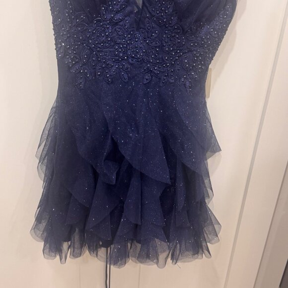 Pear Culture Navy Blue Beaded Tulle Mini Dress Size 0 with Ruffled Skirt & Adjus - Picture 3 of 8